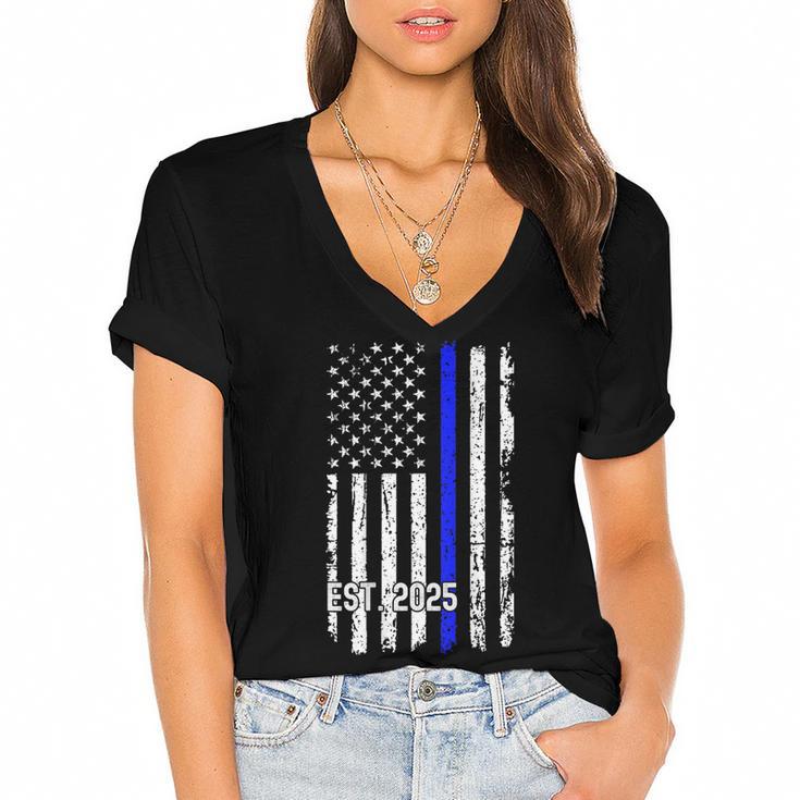 Police Graduation Est 2025 Back Print Police Academy Vintage Women's Jersey Short Sleeve Deep V-Neck Tshirt				