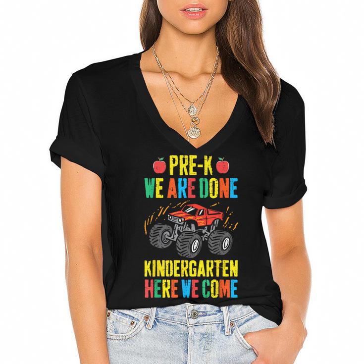 Pre-K Graduation Monster Truck Kindergarten Here We Come Women's Jersey Short Sleeve Deep V-Neck Tshirt				