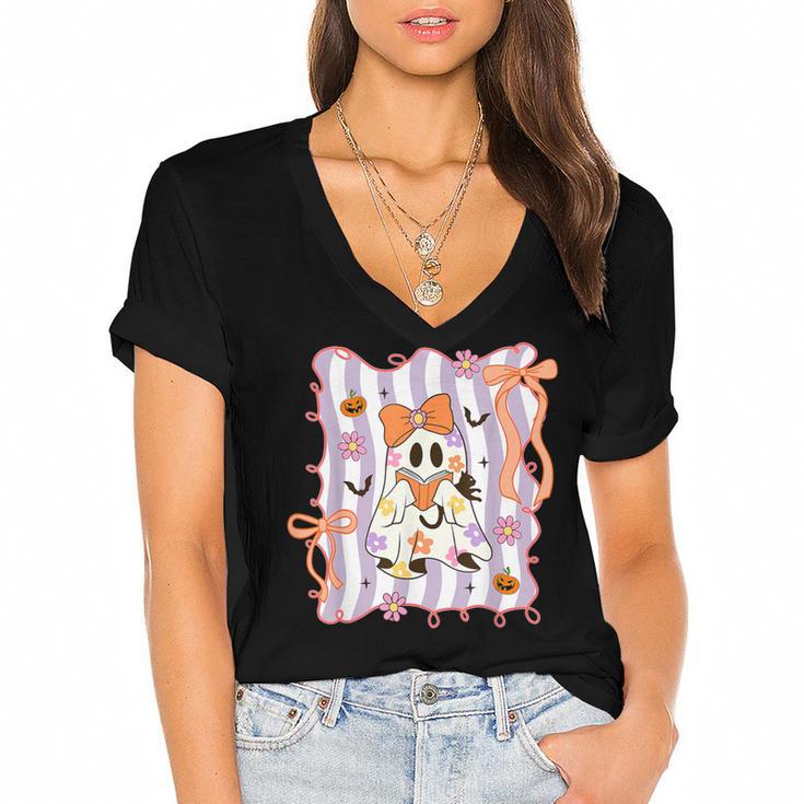 Preppy Coquette Bow Ghost Reading Books Halloween Book Women's Jersey Short Sleeve Deep V-Neck Tshirt				