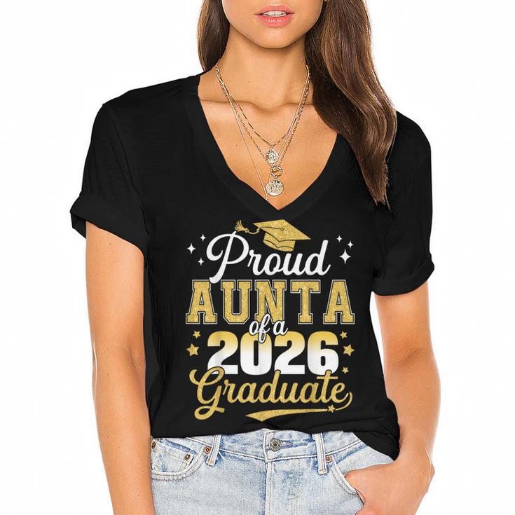 Proud Aunta Of a Class Of 2026 Graduate Senior Graduation Women's Jersey Short Sleeve Deep V-Neck Tshirt				
