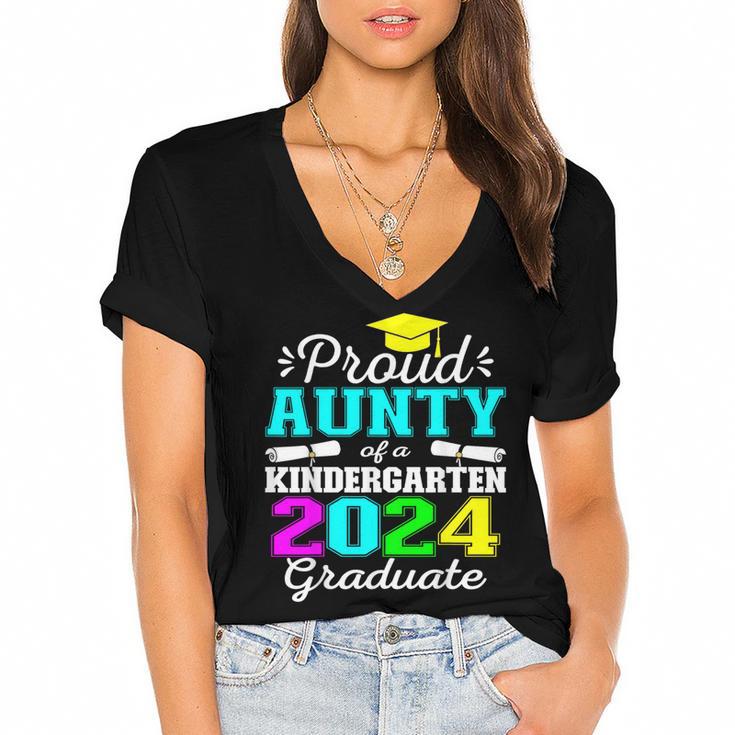 Proud Aunty Of Kindergarten Graduate 2024 Graduation Aunty Women's Jersey Short Sleeve Deep V-Neck Tshirt				