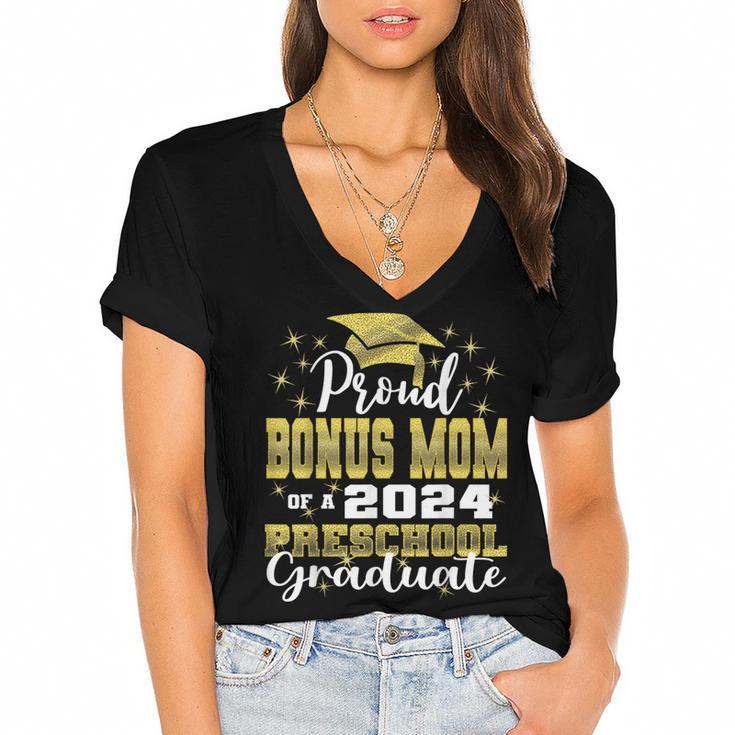 Proud Bonus Mom Of Pre School Graduate 2024 Graduation Bonus Women's Jersey Short Sleeve Deep V-Neck Tshirt				