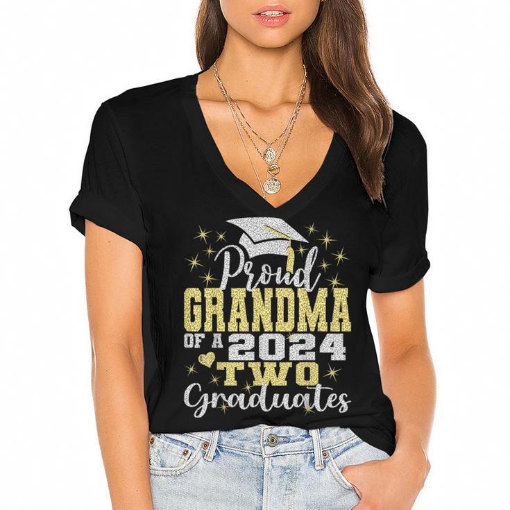 Proud Grandma Of Two 2024 Graduate Class 2024 Graduation Women's Jersey Short Sleeve Deep V-Neck Tshirt				