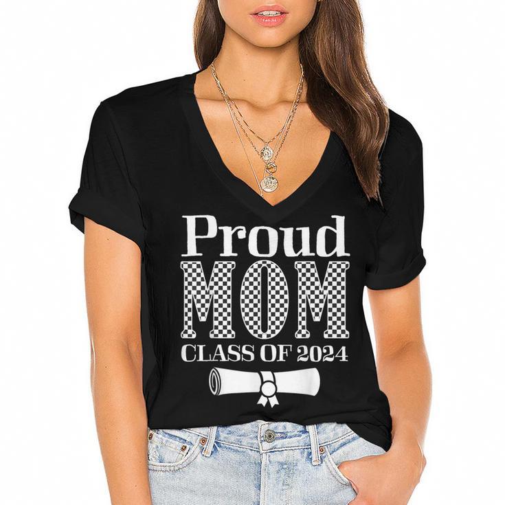 Proud Mom Of a 2024 Graduate Mama Checkered Graduation Women's Jersey Short Sleeve Deep V-Neck Tshirt				