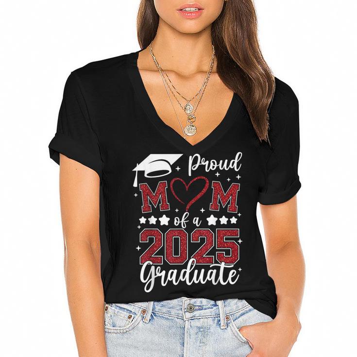Proud Mom Of 2025 Senior Graduate Matching Family Graduation Women's Jersey Short Sleeve Deep V-Neck Tshirt				