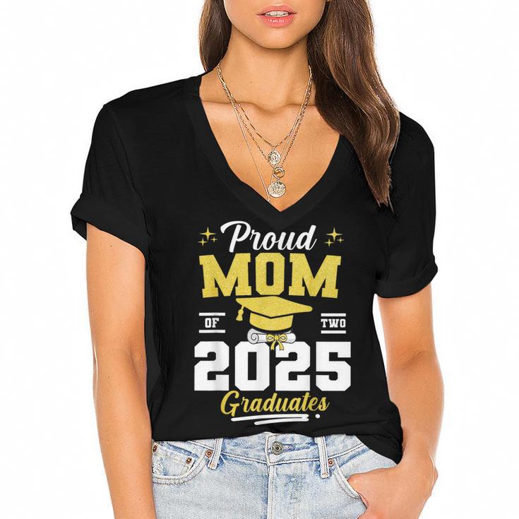 Proud Mom Of Two Class Of 2025 Graduates Twins Graduation Women's Jersey Short Sleeve Deep V-Neck Tshirt				