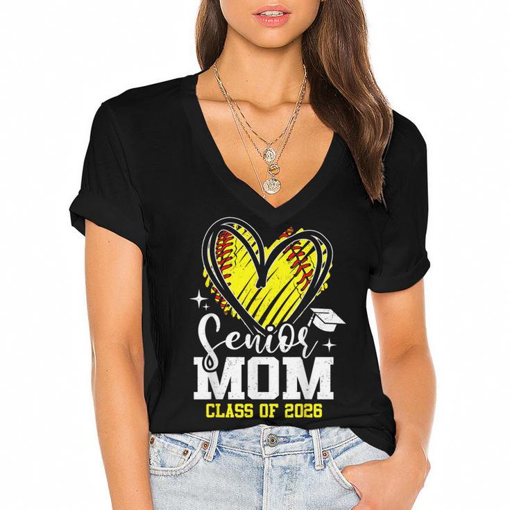 Proud Senior Mom Class Of 2026 Softball Graduation Heart Women's Jersey Short Sleeve Deep V-Neck Tshirt				