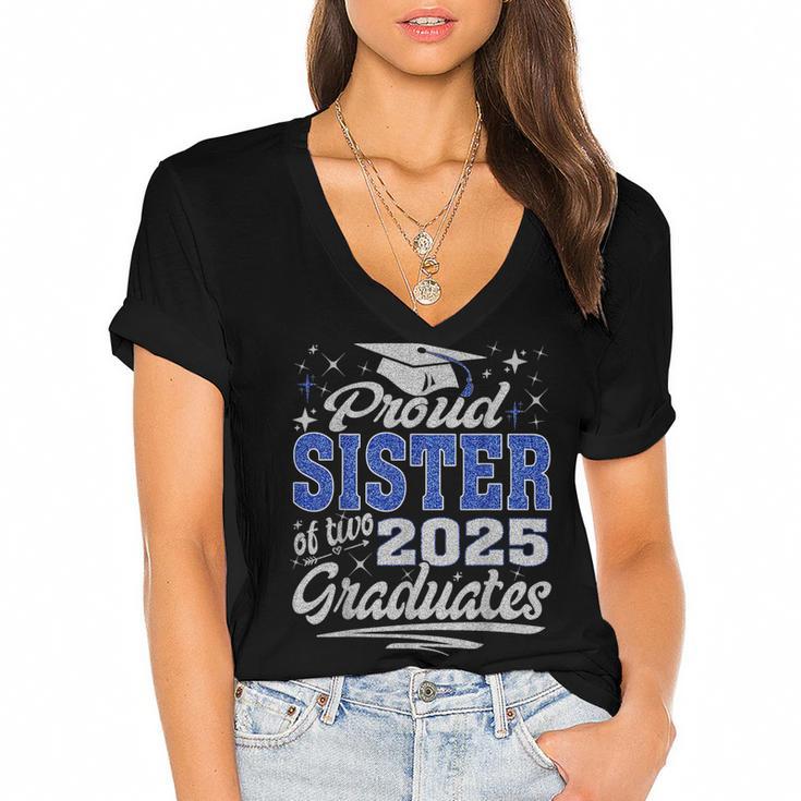 Proud Sister Of Two Class Of 2025 Graduates Twins Graduation Women's Jersey Short Sleeve Deep V-Neck Tshirt				