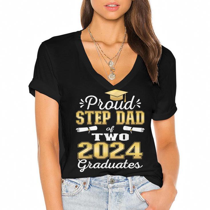 Proud Step Dad Of Two 2024 Graduate Class 2024 Graduation Women's Jersey Short Sleeve Deep V-Neck Tshirt				