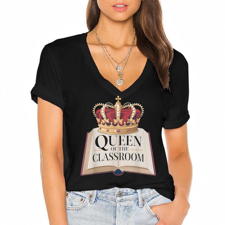 Queen Of The Classroom Appreciation Royal Crown Book Women's Jersey Short Sleeve Deep V-Neck Tshirt				
