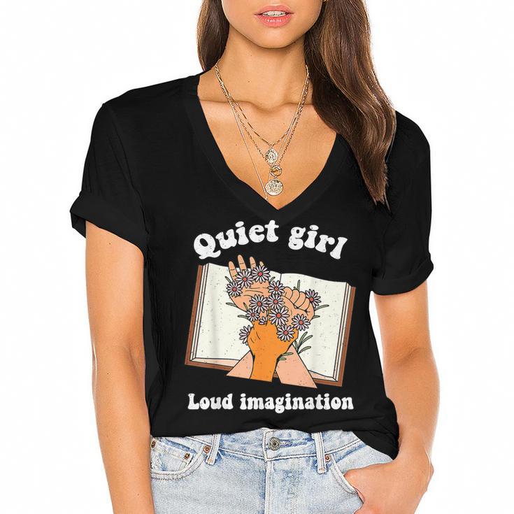 Quiet Girl Loud Imagination Book Lover Bookworm Reader Women's Jersey Short Sleeve Deep V-Neck Tshirt Quiet Girl Loud Imagination Book Lover Bookworm Reader Women's Jersey Short Sleeve Deep V-Neck Tshirt