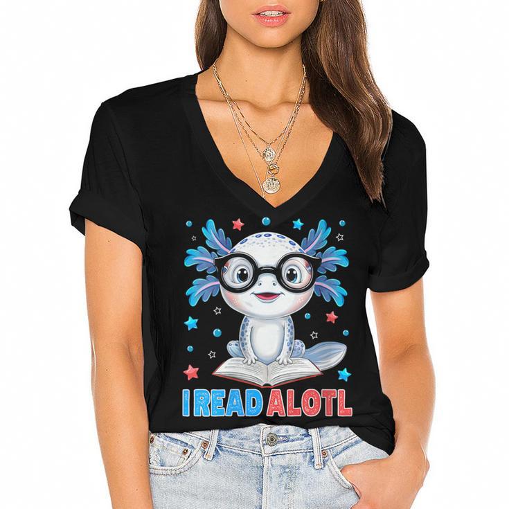 I Read Alotl Cute Axolotl Reading Book Lover Women's Jersey Short Sleeve Deep V-Neck Tshirt				