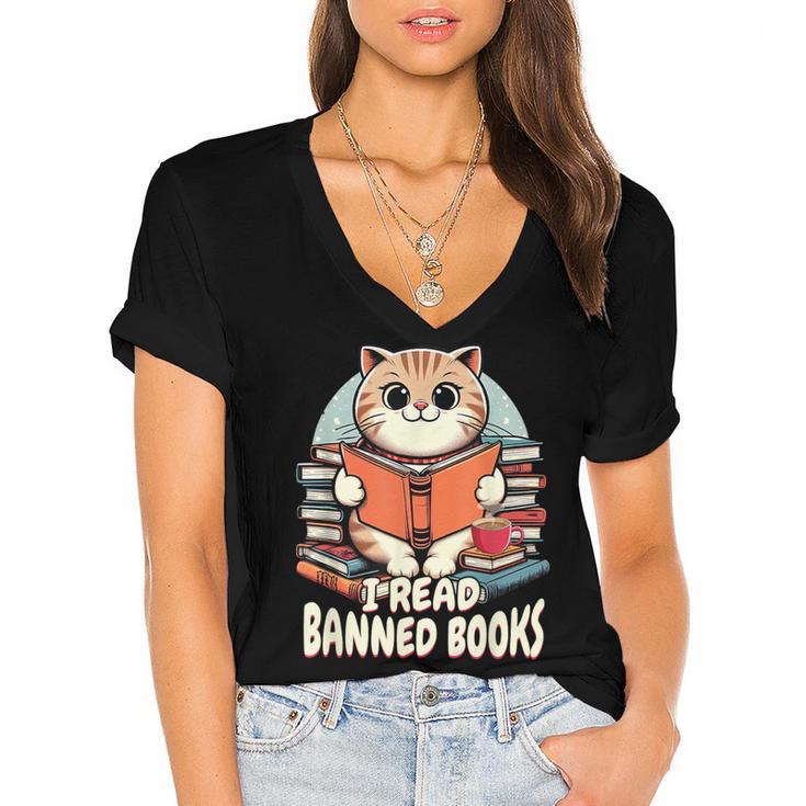 I Read Banned Books Shirt Cat Lover Bookworm Reader Men Women Kids Women's Jersey Short Sleeve Deep V-Neck Tshirt				