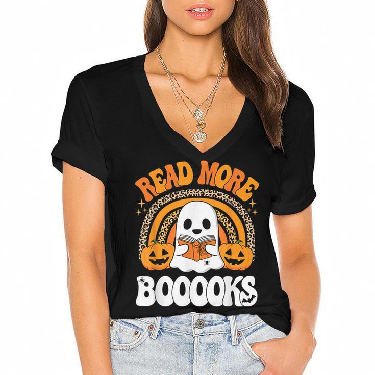 Read More Books Booooks Ghost Pumpkin Cute Teacher Halloween Women's Jersey Short Sleeve Deep V-Neck Tshirt