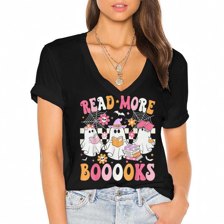 Read More Books Ghosts Reading Book Teacher Halloween Women's Jersey Short Sleeve Deep V-Neck Tshirt				