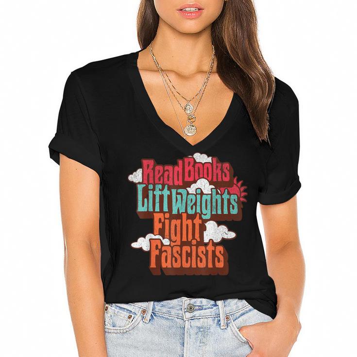 Read Books Lift Weights Fight Fascists Reading No Kings Women's Jersey Short Sleeve Deep V-Neck Tshirt				