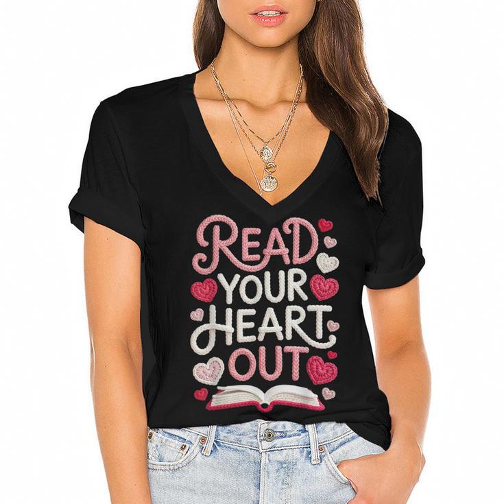 Read Your Cute Heart Out Teacher Librarian Love Reading Book Women's Jersey Short Sleeve Deep V-Neck Tshirt				