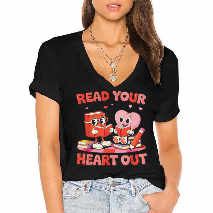 Read Your Heart Out Valentine Reading Book Girl Kid Teacher Women's Jersey Short Sleeve Deep V-Neck Tshirt				