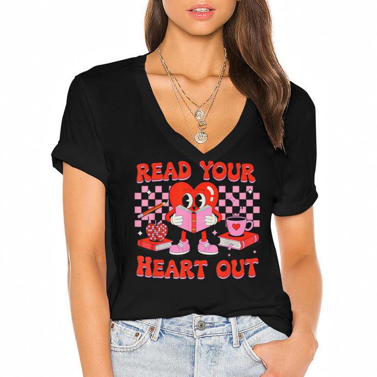 Read Your Heart Out Valentine Reading Book Kid Teacher Women's Jersey Short Sleeve Deep V-Neck Tshirt				