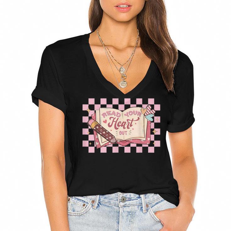 Read Your Heart Out Valentine Reading Book Teacher Student Women's Jersey Short Sleeve Deep V-Neck Tshirt