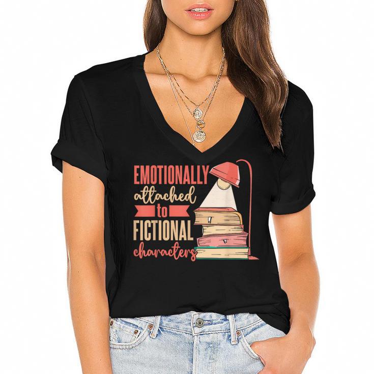 Reader Bookworm Fictional Character Reading Introvert Women's Jersey Short Sleeve Deep V-Neck Tshirt
