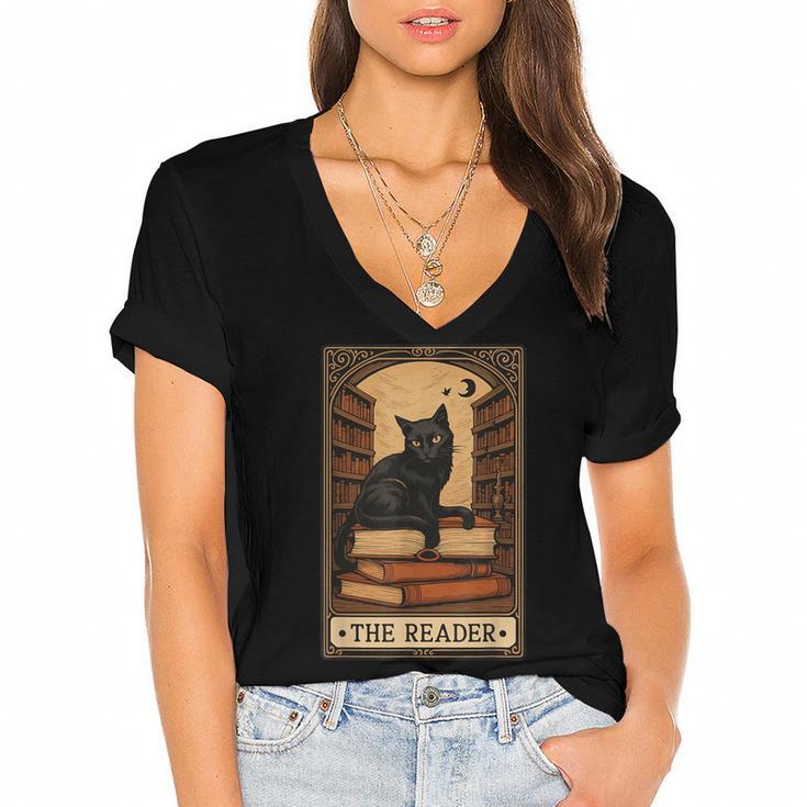 The Reader Cat Book Reading Halloween Tarot Card Women's Jersey Short Sleeve Deep V-Neck Tshirt				