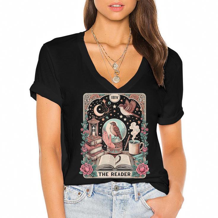 The Reader Tarot Card Shirt Bird Book Lover Bookworm Women's Jersey Short Sleeve Deep V-Neck Tshirt