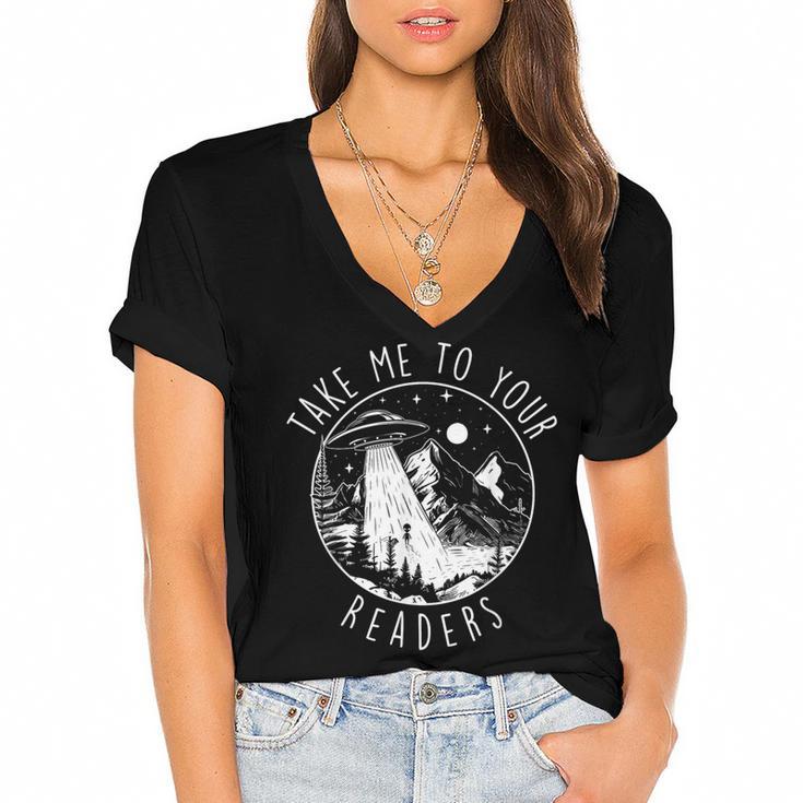 Take Me To Your Readers Book Lover Reading Bookworm Women's Jersey Short Sleeve Deep V-Neck Tshirt				