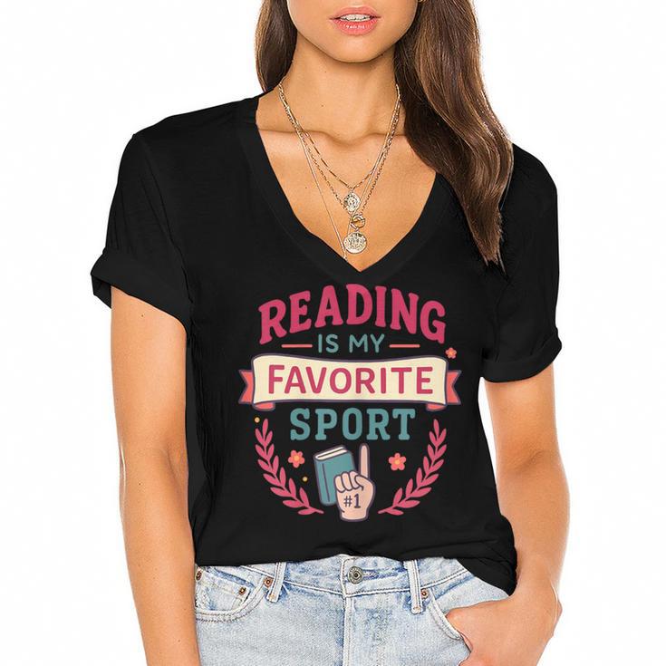 Reading Is My Favorite Sport Book Lover Keepsake For Women Women's Jersey Short Sleeve Deep V-Neck Tshirt				