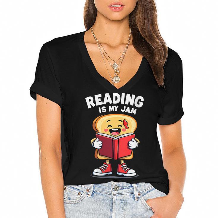 Reading Is My Jam I Love To Read Books Women's Jersey Short Sleeve Deep V-Neck Tshirt