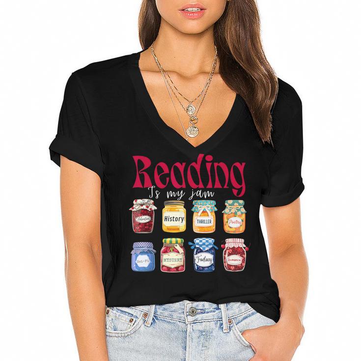 Reading Is My Jam Teacher Student Book Lovers Women's Jersey Short Sleeve Deep V-Neck Tshirt