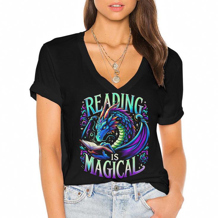 Reading Is Magical Dragon Tee Perfect For Book Lovers Kids Women's Jersey Short Sleeve Deep V-Neck Tshirt				