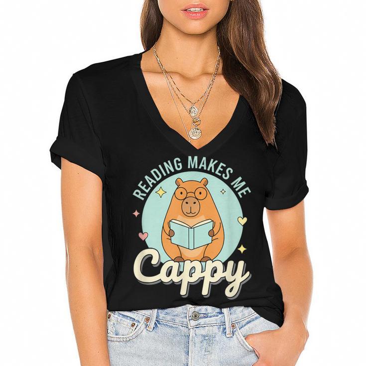 Reading Makes Me Cappy Bookworm Capybara Book Reading Women's Jersey Short Sleeve Deep V-Neck Tshirt				