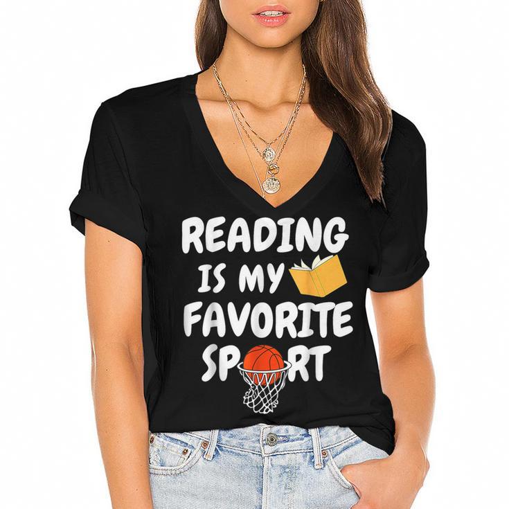 Reading Is My Tee Favorite Sport Basketball World Book Day Women's Jersey Short Sleeve Deep V-Neck Tshirt				