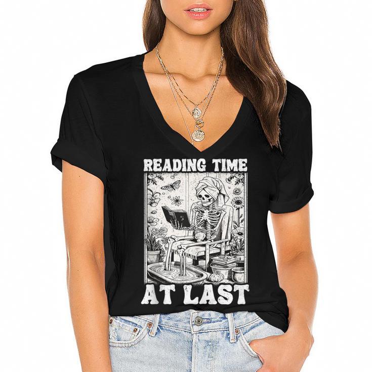 Reading Time At Last Book Lover Introvert Skeleton Reading Women's Jersey Short Sleeve Deep V-Neck Tshirt
