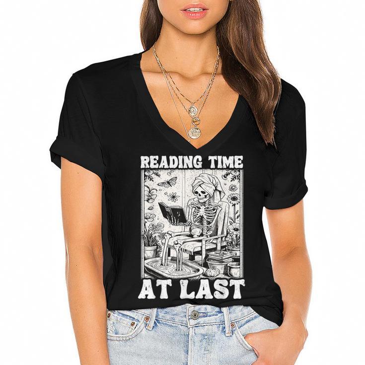 Reading Time At Last Book Lover Introvert Skeleton Reading Women's Jersey Short Sleeve Deep V-Neck Tshirt