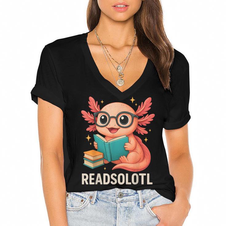 Readsolotl Kawaii Axolotl Reading Book Lover Women's Jersey Short Sleeve Deep V-Neck Tshirt				