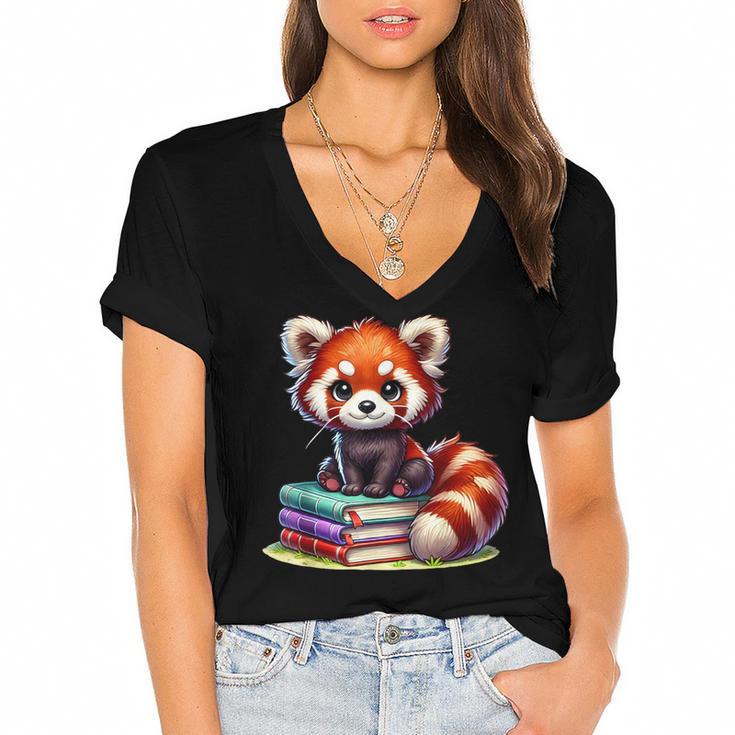 Red Panda Books Lover Reading Bookworm Women's Jersey Short Sleeve Deep V-Neck Tshirt				