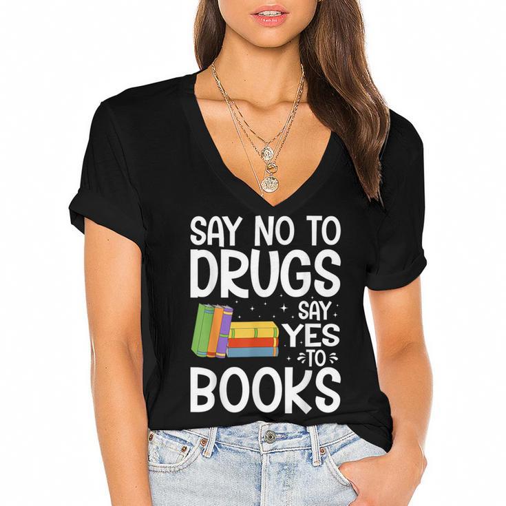 Red Ribbon Week Say No To Drugs Say Yes To Books Drug Free Women's Jersey Short Sleeve Deep V-Neck Tshirt				