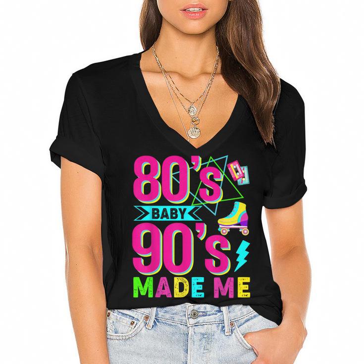 Retro 1980s 80's Baby 1990s 90's Made Me Nostalgia Vibes Women's Jersey Short Sleeve Deep V-Neck Tshirt