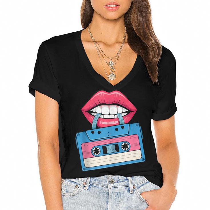 Retro 80s And 90s Cassette Perfect For Nostalgia Women's Jersey Short Sleeve Deep V-Neck Tshirt