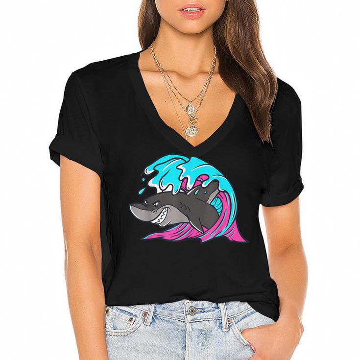 Retro 80s Shark Whale Diving Nostalgia Shark Party Women's Jersey Short Sleeve Deep V-Neck Tshirt