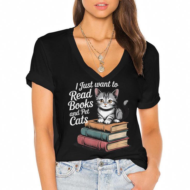 Retro I Just Want To Read Books And Pet Cats Cat For Men Women Kids Women's Jersey Short Sleeve Deep V-Neck Tshirt				