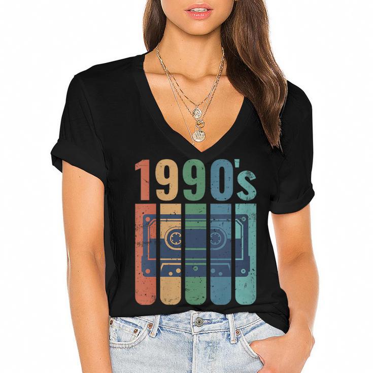 Retro Nineties Style Audio Tape Nostalgia Year 1990 Women's Jersey Short Sleeve Deep V-Neck Tshirt				