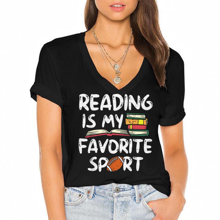 Retro Reading Is My Favorite Sport Football World Book Day Women's Jersey Short Sleeve Deep V-Neck Tshirt				