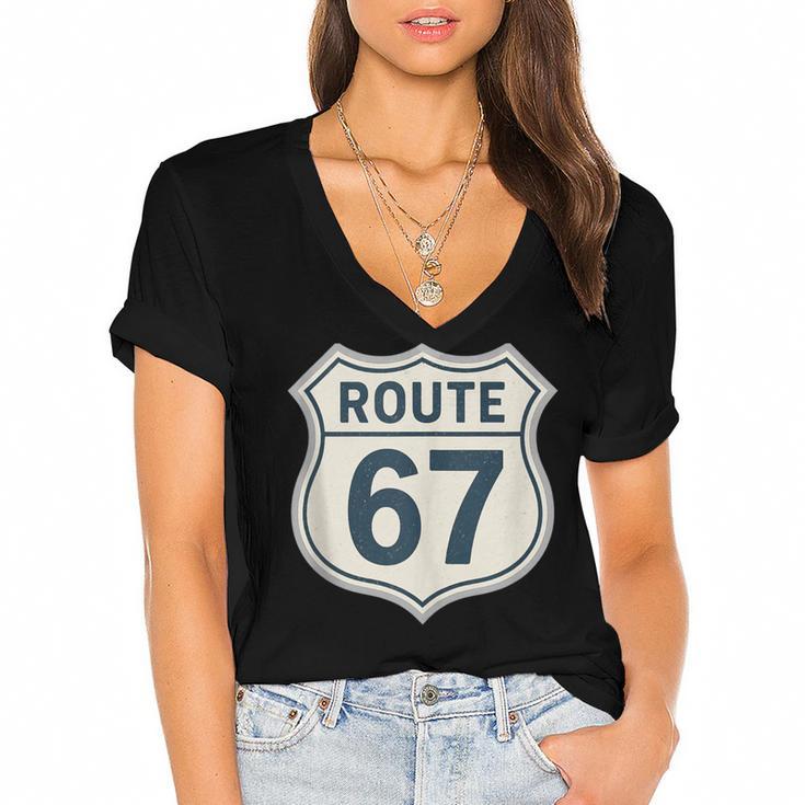 Retro Route 67 Highway Sign Vintage Road Nostalgia Women's Jersey Short Sleeve Deep V-Neck Tshirt