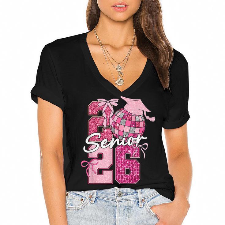 Retro Senior 2026 Coquette Bow Graduation Class Of 2026 Women's Jersey Short Sleeve Deep V-Neck Tshirt				