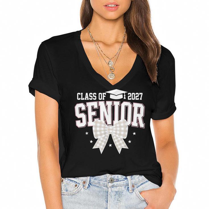 Retro Senior 2027 Girl Coquette Bow Class Of 2027 Graduation Women's Jersey Short Sleeve Deep V-Neck Tshirt				
