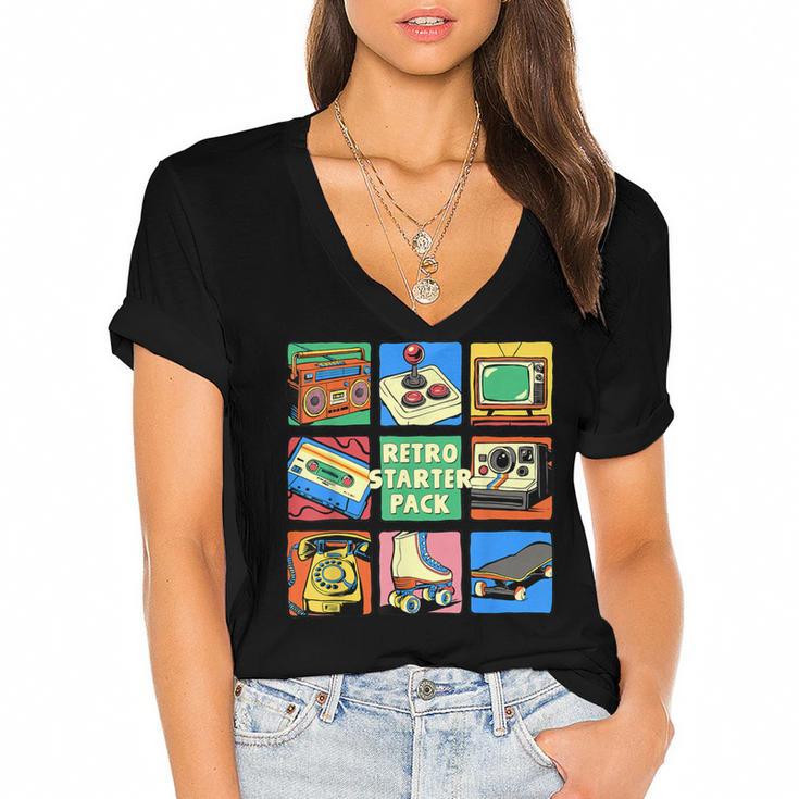 Retro Starter Pack 80s 90s Vintage Nostalgia Cassette Tape Women's Jersey Short Sleeve Deep V-Neck Tshirt				