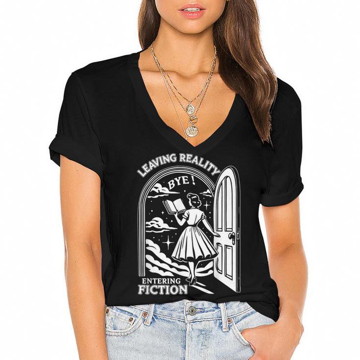 Retro Trendy Bookish Book Lover Reading Quotes Leaving Reality Entering Fiction  -Adults Small Short Sleeve T-Shirt Women's Jersey Short Sleeve Deep V-Neck Tshirt				
